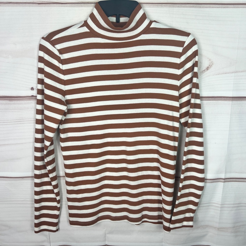 LOFT Top Womens Small‎ Brown Striped T-Shirt Mock Neck Ribbed Knit Long Sleeve